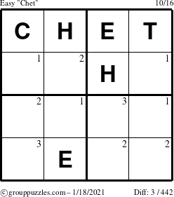 The grouppuzzles.com Easy Chet puzzle for Monday January 18, 2021 with the first 3 steps marked