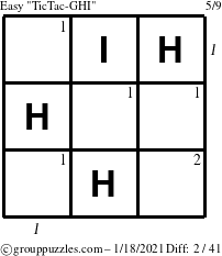 The grouppuzzles.com Easy TicTac-GHI puzzle for Monday January 18, 2021 with all 2 steps marked