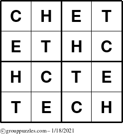 The grouppuzzles.com Answer grid for the Chet puzzle for Monday January 18, 2021