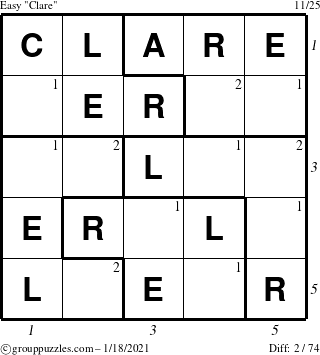 The grouppuzzles.com Easy Clare puzzle for Monday January 18, 2021 with all 2 steps marked