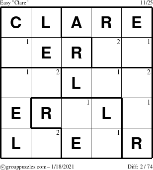 The grouppuzzles.com Easy Clare puzzle for Monday January 18, 2021 with the first 2 steps marked