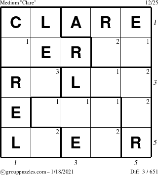 The grouppuzzles.com Medium Clare puzzle for Monday January 18, 2021 with all 3 steps marked