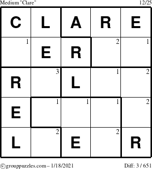 The grouppuzzles.com Medium Clare puzzle for Monday January 18, 2021 with the first 3 steps marked