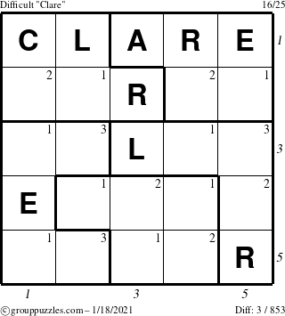 The grouppuzzles.com Difficult Clare puzzle for Monday January 18, 2021 with all 3 steps marked