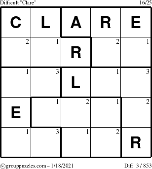 The grouppuzzles.com Difficult Clare puzzle for Monday January 18, 2021 with the first 3 steps marked