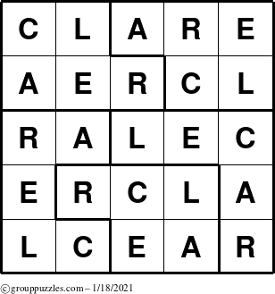 The grouppuzzles.com Answer grid for the Clare puzzle for Monday January 18, 2021