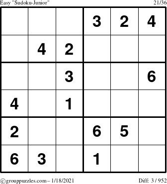 The grouppuzzles.com Easy Sudoku-Junior puzzle for Monday January 18, 2021