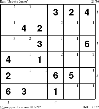 The grouppuzzles.com Easy Sudoku-Junior puzzle for Monday January 18, 2021 with all 3 steps marked