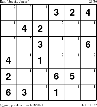 The grouppuzzles.com Easy Sudoku-Junior puzzle for Monday January 18, 2021 with the first 3 steps marked