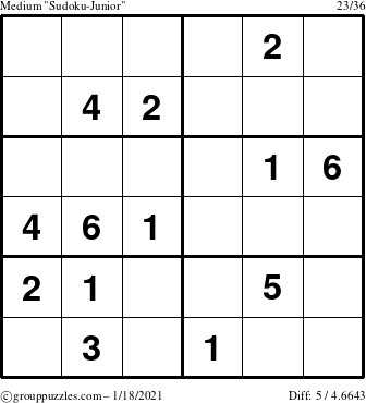 The grouppuzzles.com Medium Sudoku-Junior puzzle for Monday January 18, 2021