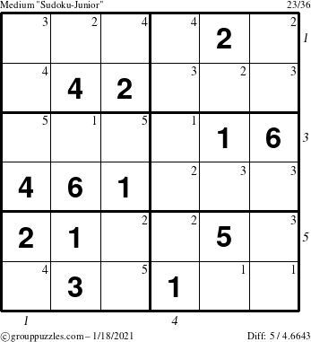 The grouppuzzles.com Medium Sudoku-Junior puzzle for Monday January 18, 2021 with all 5 steps marked