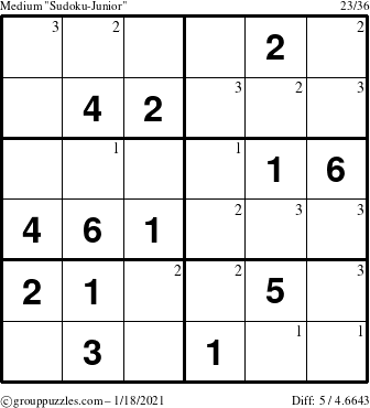 The grouppuzzles.com Medium Sudoku-Junior puzzle for Monday January 18, 2021 with the first 3 steps marked