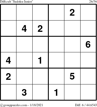 The grouppuzzles.com Difficult Sudoku-Junior puzzle for Monday January 18, 2021