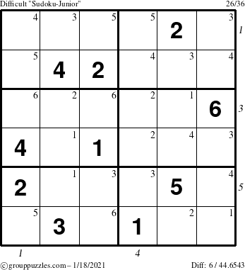 The grouppuzzles.com Difficult Sudoku-Junior puzzle for Monday January 18, 2021 with all 6 steps marked