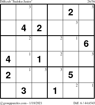 The grouppuzzles.com Difficult Sudoku-Junior puzzle for Monday January 18, 2021 with the first 3 steps marked