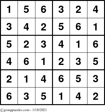 The grouppuzzles.com Answer grid for the Sudoku-Junior puzzle for Monday January 18, 2021