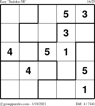 The grouppuzzles.com Easy Sudoku-5B puzzle for Monday January 18, 2021