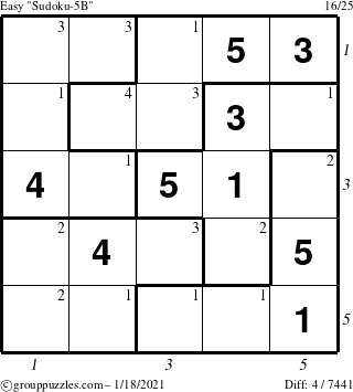 The grouppuzzles.com Easy Sudoku-5B puzzle for Monday January 18, 2021 with all 4 steps marked