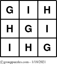 The grouppuzzles.com Answer grid for the TicTac-GHI puzzle for Monday January 18, 2021