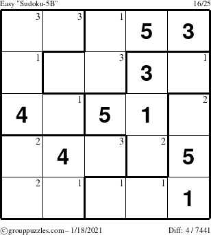 The grouppuzzles.com Easy Sudoku-5B puzzle for Monday January 18, 2021 with the first 3 steps marked