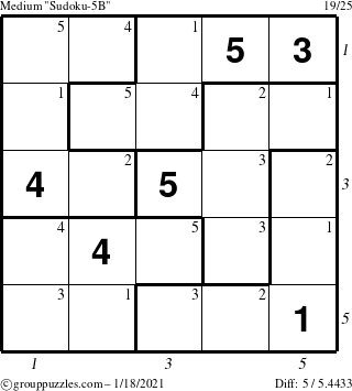 The grouppuzzles.com Medium Sudoku-5B puzzle for Monday January 18, 2021 with all 5 steps marked