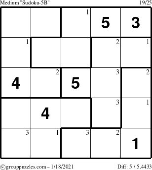 The grouppuzzles.com Medium Sudoku-5B puzzle for Monday January 18, 2021 with the first 3 steps marked