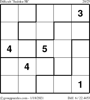 The grouppuzzles.com Difficult Sudoku-5B puzzle for Monday January 18, 2021