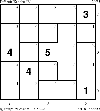 The grouppuzzles.com Difficult Sudoku-5B puzzle for Monday January 18, 2021 with all 6 steps marked