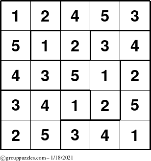 The grouppuzzles.com Answer grid for the Sudoku-5B puzzle for Monday January 18, 2021