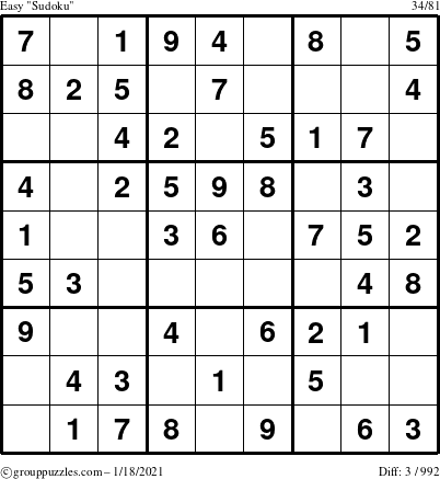 The grouppuzzles.com Easy Sudoku puzzle for Monday January 18, 2021