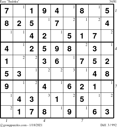 The grouppuzzles.com Easy Sudoku puzzle for Monday January 18, 2021 with all 3 steps marked