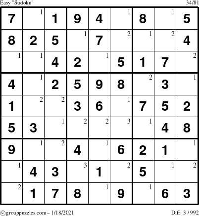 The grouppuzzles.com Easy Sudoku puzzle for Monday January 18, 2021 with the first 3 steps marked