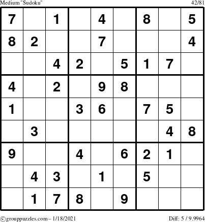 The grouppuzzles.com Medium Sudoku puzzle for Monday January 18, 2021