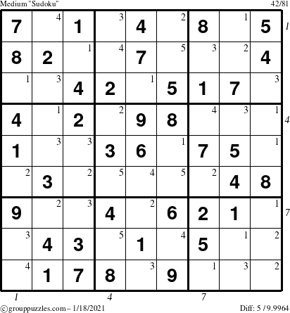 The grouppuzzles.com Medium Sudoku puzzle for Monday January 18, 2021 with all 5 steps marked