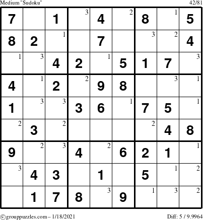 The grouppuzzles.com Medium Sudoku puzzle for Monday January 18, 2021 with the first 3 steps marked