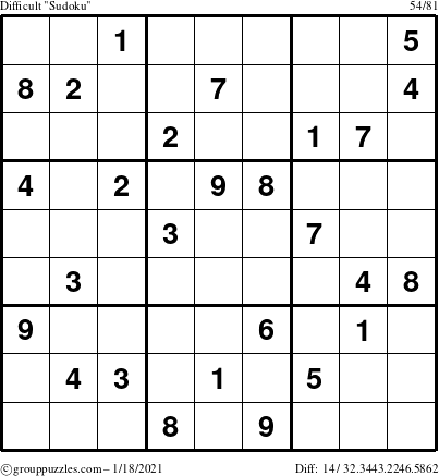 The grouppuzzles.com Difficult Sudoku puzzle for Monday January 18, 2021