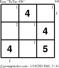 The grouppuzzles.com Easy TicTac-456 puzzle for Monday January 18, 2021 with all 2 steps marked