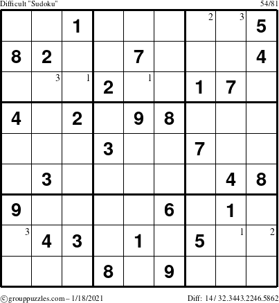 The grouppuzzles.com Difficult Sudoku puzzle for Monday January 18, 2021 with the first 3 steps marked