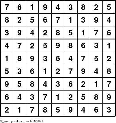 The grouppuzzles.com Answer grid for the Sudoku puzzle for Monday January 18, 2021