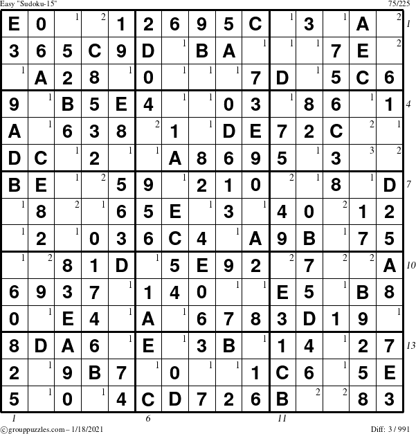 The grouppuzzles.com Easy Sudoku-15 puzzle for Monday January 18, 2021, suitable for printing, with all 3 steps marked