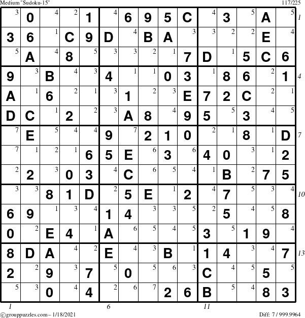 The grouppuzzles.com Medium Sudoku-15 puzzle for Monday January 18, 2021 with all 7 steps marked