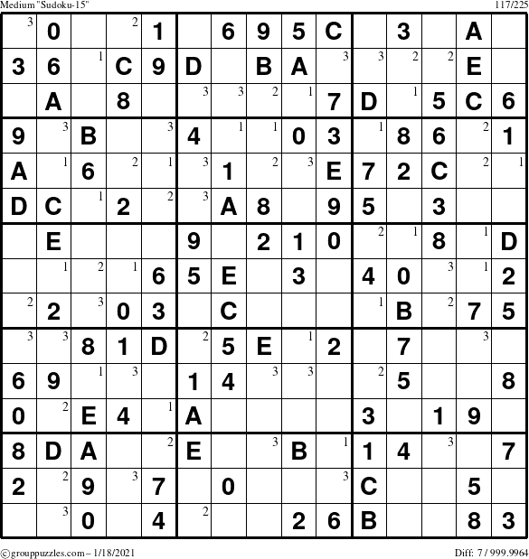 The grouppuzzles.com Medium Sudoku-15 puzzle for Monday January 18, 2021 with the first 3 steps marked