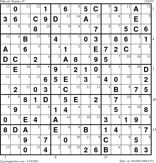 The grouppuzzles.com Difficult Sudoku-15 puzzle for Monday January 18, 2021 with all 14 steps marked