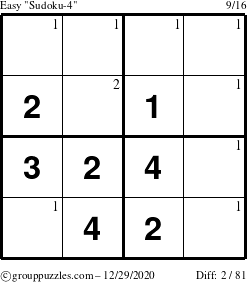 The grouppuzzles.com Easy Sudoku-4 puzzle for Tuesday December 29, 2020 with the first 2 steps marked