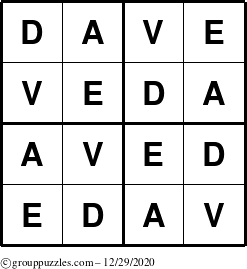 The grouppuzzles.com Answer grid for the Dave puzzle for Tuesday December 29, 2020