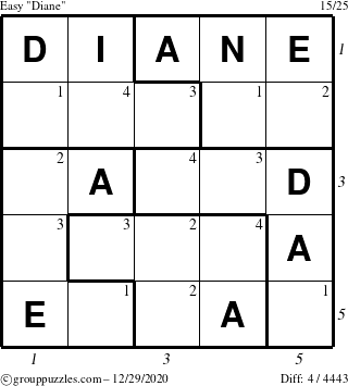 The grouppuzzles.com Easy Diane puzzle for Tuesday December 29, 2020 with all 4 steps marked