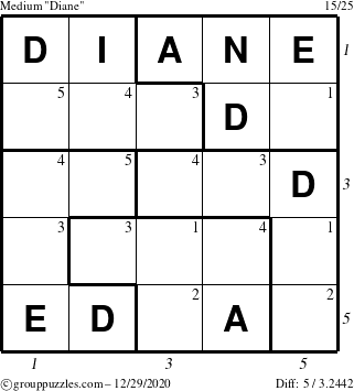 The grouppuzzles.com Medium Diane puzzle for Tuesday December 29, 2020, suitable for printing, with all 5 steps marked