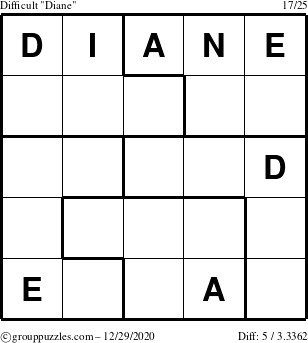 The grouppuzzles.com Difficult Diane puzzle for Tuesday December 29, 2020