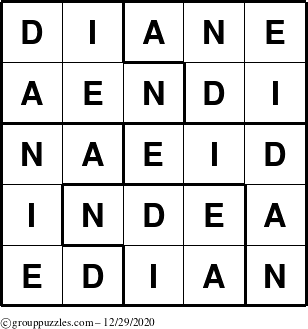 The grouppuzzles.com Answer grid for the Diane puzzle for Tuesday December 29, 2020