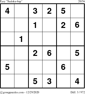 The grouppuzzles.com Easy Sudoku-6up puzzle for Tuesday December 29, 2020